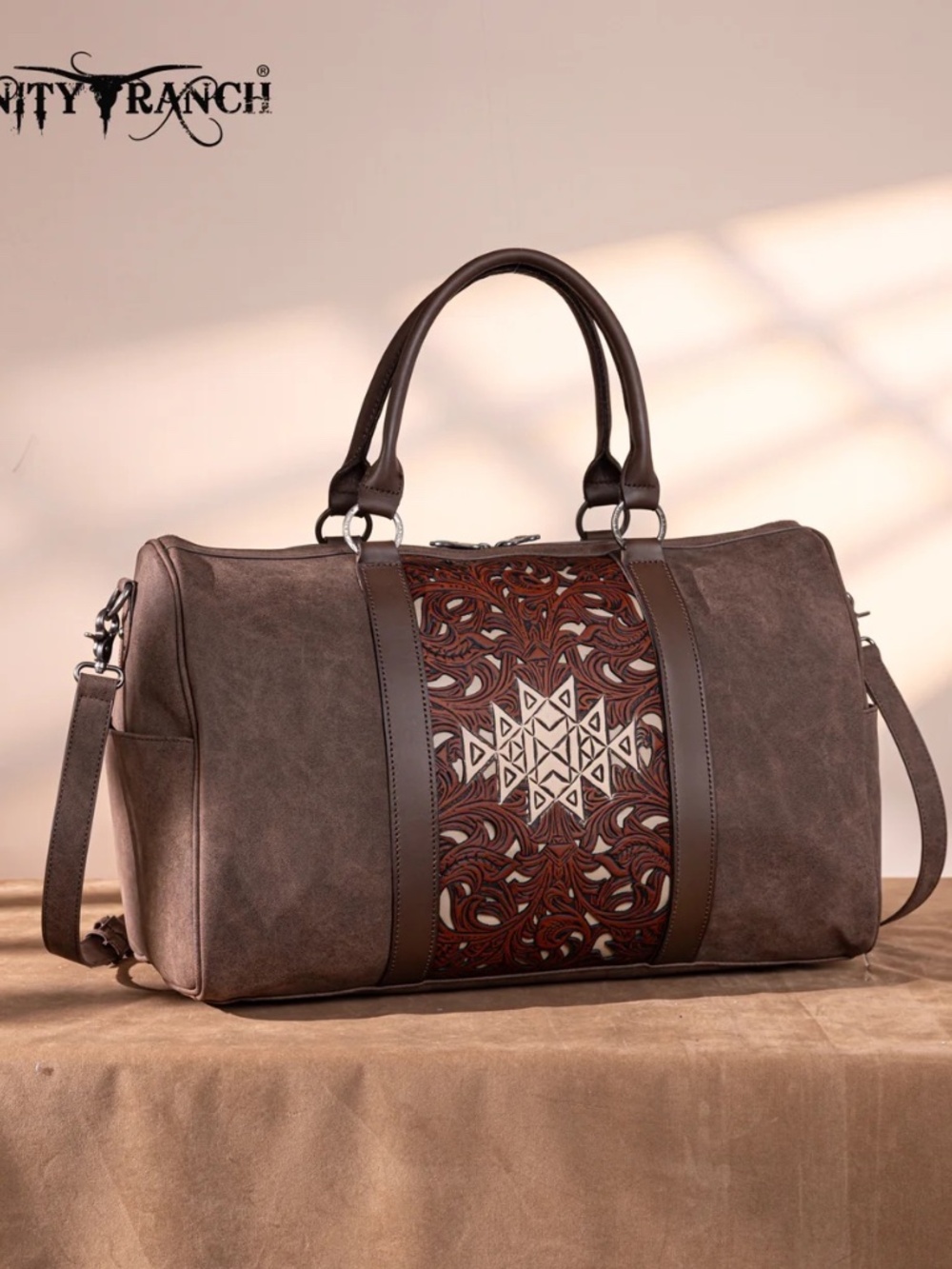 Trinity Ranch Floral Aztec Tooled Collection Weekender Bag Coffee - Picture 2 of 8
